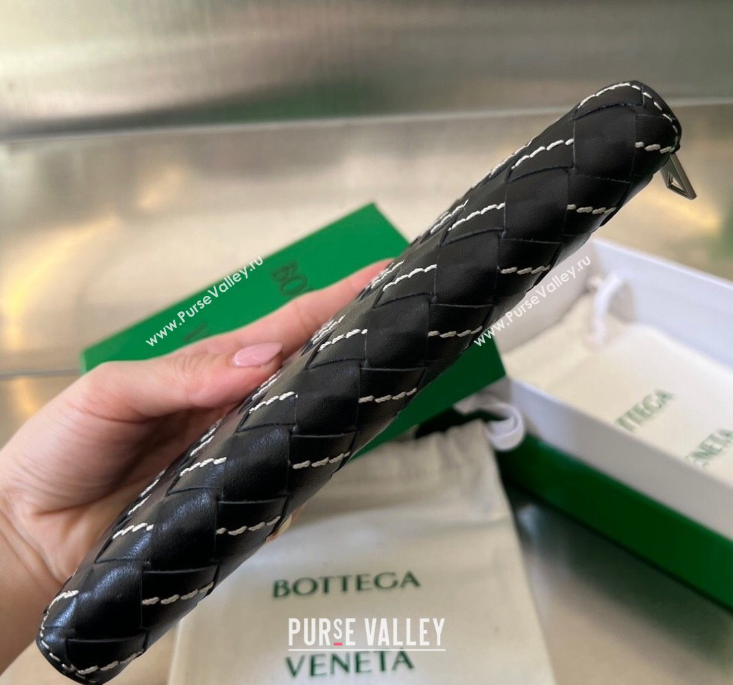 Bottega Veneta Intrecciato Leather Zipped Around Wallet with All-over Stitching Black 2024 749427 (WT-240418093)