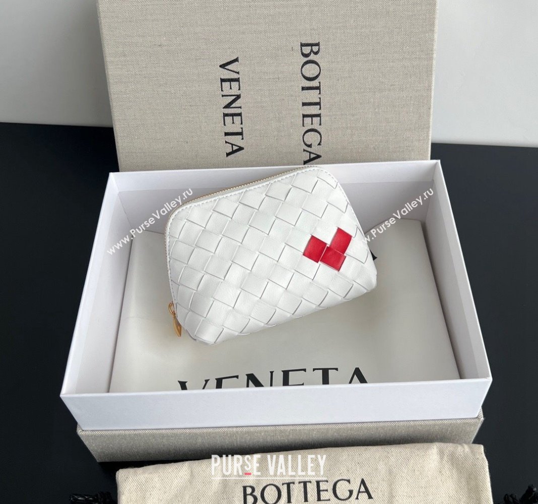 Bottega Veneta Intrecciato Leather Beauty Pouch with Red Heart White 2024 764044 (WT-240418094)