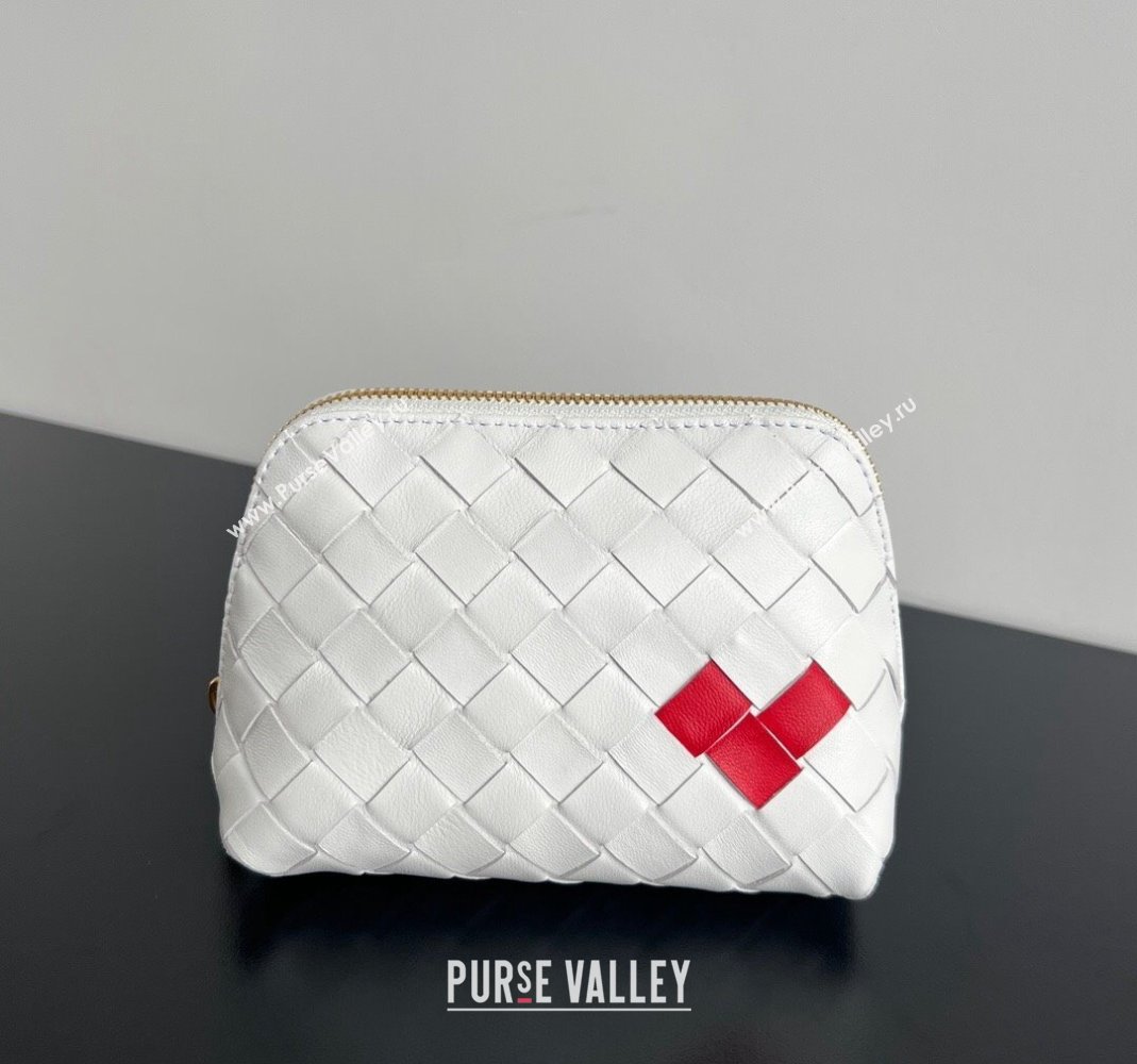 Bottega Veneta Intrecciato Leather Beauty Pouch with Red Heart White 2024 764044 (WT-240418094)