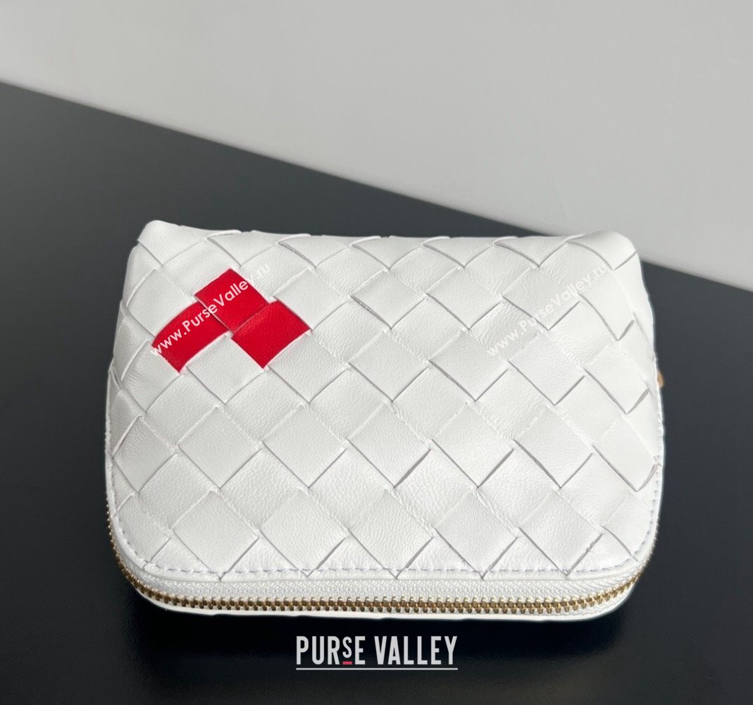 Bottega Veneta Intrecciato Leather Beauty Pouch with Red Heart White 2024 764044 (WT-240418094)