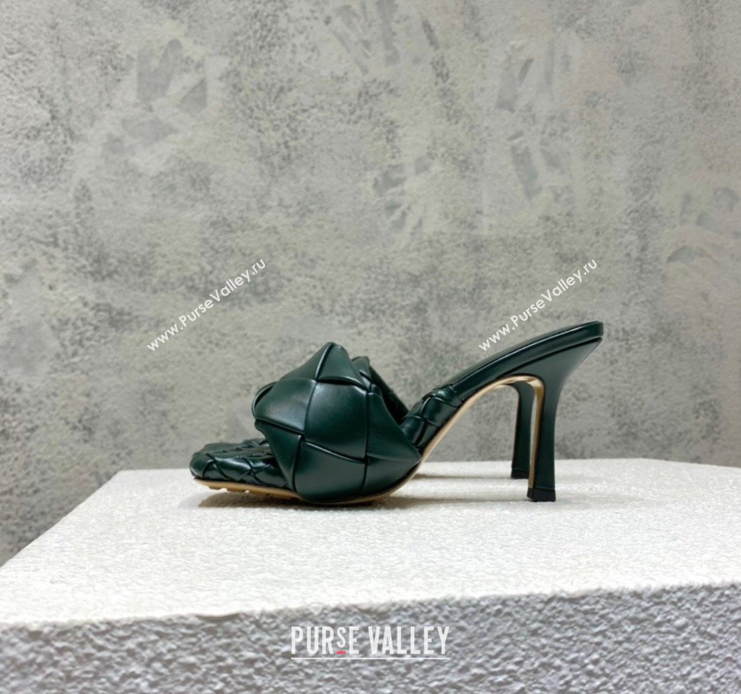 Bottega Veneta Lido Heel Slide Sandals 9.5cm in Intrecciato Leather Dark Green 2024 0430 (MD-240430176)