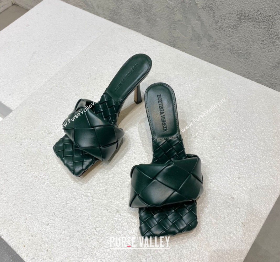 Bottega Veneta Lido Heel Slide Sandals 9.5cm in Intrecciato Leather Dark Green 2024 0430 (MD-240430176)