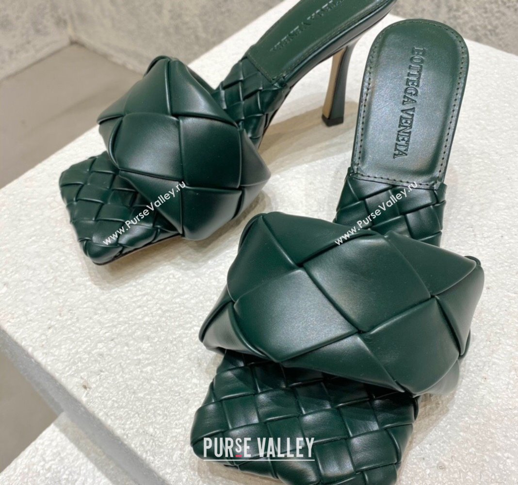 Bottega Veneta Lido Heel Slide Sandals 9.5cm in Intrecciato Leather Dark Green 2024 0430 (MD-240430176)