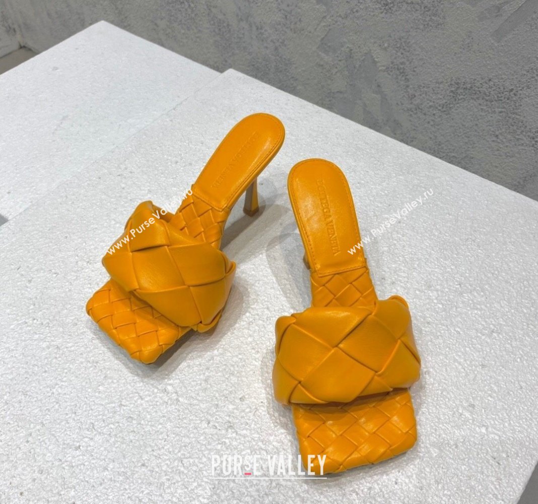 Bottega Veneta Lido Heel Slide Sandals 9.5cm in Intrecciato Leather Orange Yellow 2024 0430 (MD-240430178)