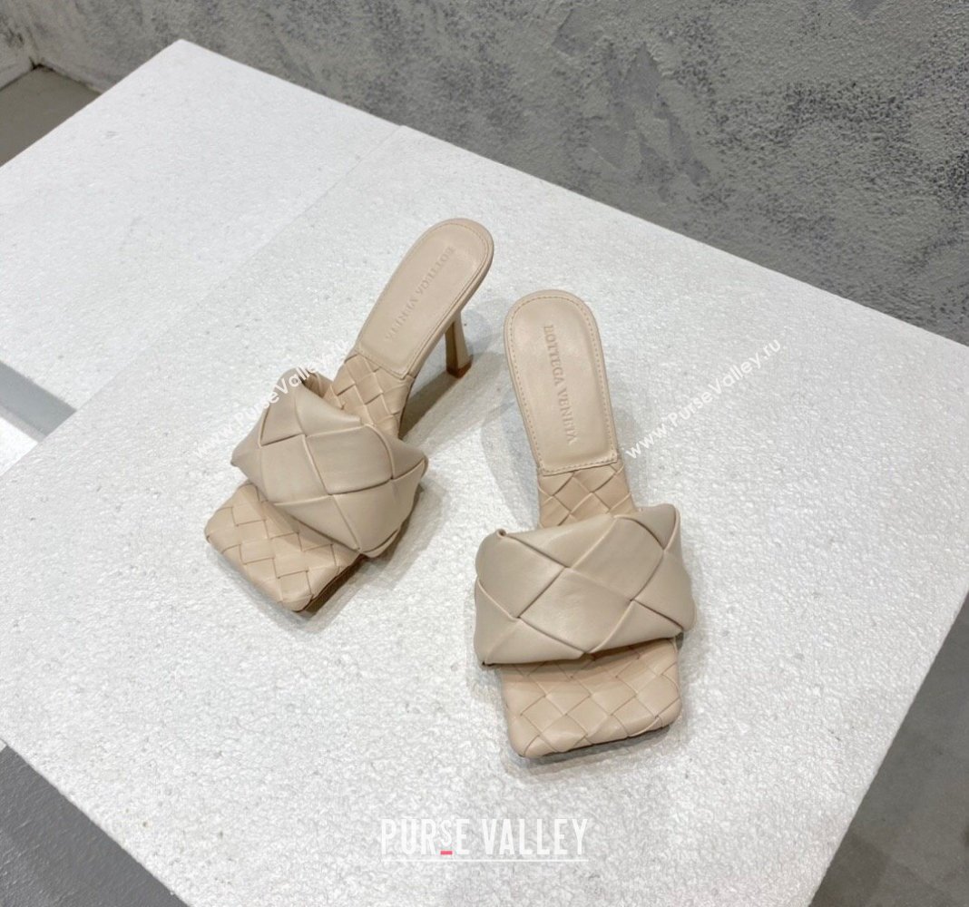 Bottega Veneta Lido Heel Slide Sandals 9.5cm in Intrecciato Leather Cream White 2024 0430 (MD-240430181)