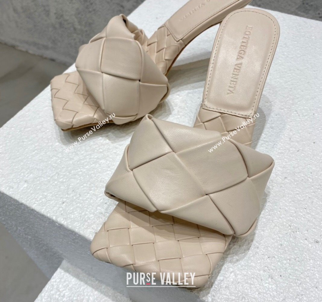 Bottega Veneta Lido Heel Slide Sandals 9.5cm in Intrecciato Leather Cream White 2024 0430 (MD-240430181)