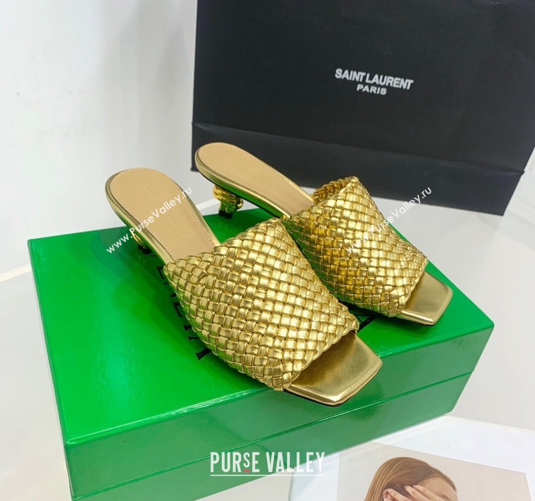 Bottega Veneta Knot Slide Sandals 4.5cm in Intreccio Leather Gold 2024 0430 (KER-240430150)