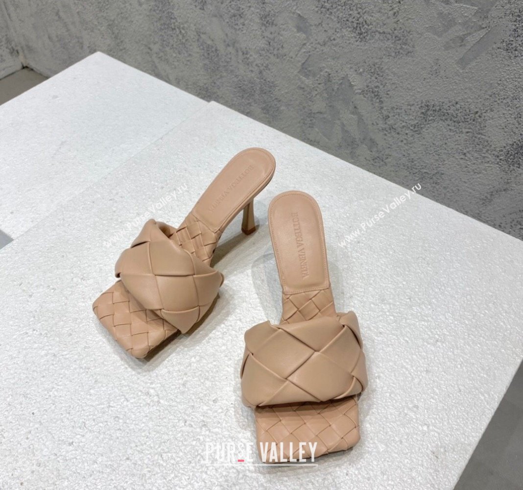 Bottega Veneta Lido Heel Slide Sandals 9.5cm in Intrecciato Leather Rose Beige 2024 0430 (MD-240430186)