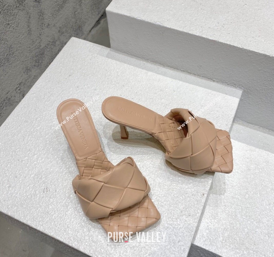 Bottega Veneta Lido Heel Slide Sandals 9.5cm in Intrecciato Leather Rose Beige 2024 0430 (MD-240430186)