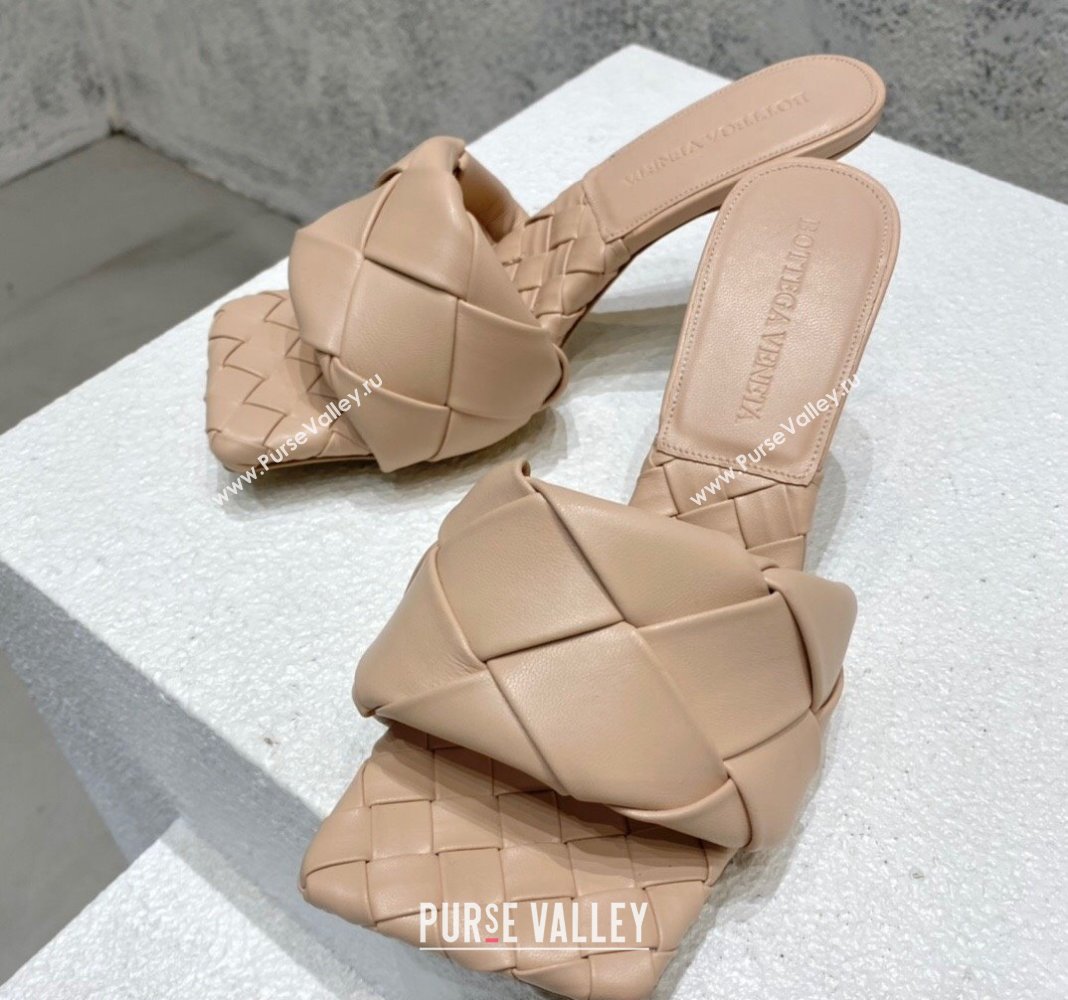 Bottega Veneta Lido Heel Slide Sandals 9.5cm in Intrecciato Leather Rose Beige 2024 0430 (MD-240430186)