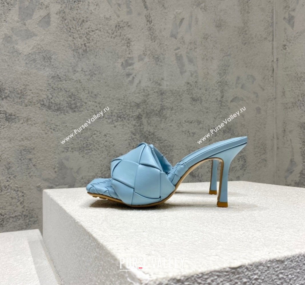 Bottega Veneta Lido Heel Slide Sandals 9.5cm in Intrecciato Leather light Blue 2024 0430 (MD-240430188)