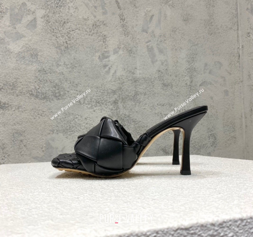 Bottega Veneta Lido Heel Slide Sandals 9.5cm in Intrecciato Leather Black 2024 0430 (MD-240430190)