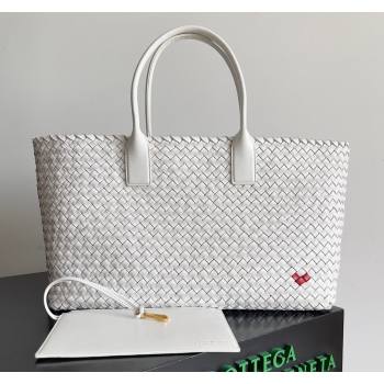 Bottega Veneta Large Cabat Tote Bag in Intreccio Leather with Red Heart White 2024 608811 (XY-240528074)