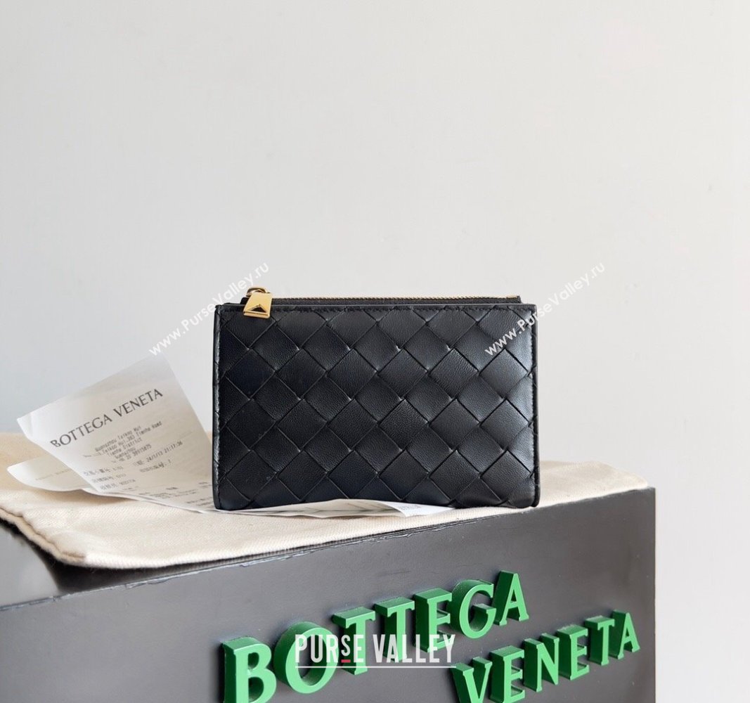 Bottega Veneta Medium Intrecciato Leather Bi-Fold Zip Wallet Black 2024 667468 (WT-240712034)