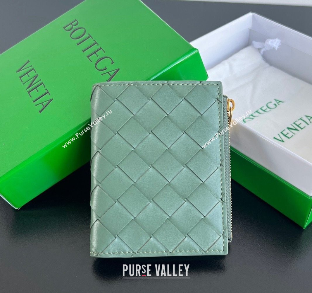 Bottega Veneta Intrecciato Leather Small Bi-Fold Wallet Aloe Green 2024 742330 (WT-240712005)