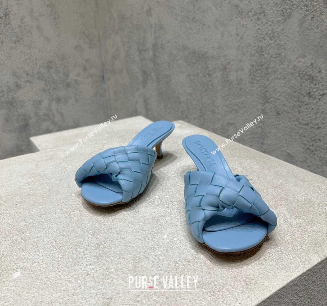 Bottega Veneta Blink Heel Slide Sandals 4.5cm in Intrecciato Leather Light Blue 2024 (MD-240719072)