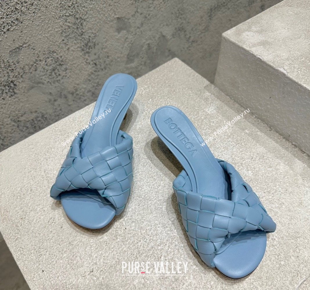 Bottega Veneta Blink Heel Slide Sandals 4.5cm in Intrecciato Leather Light Blue 2024 (MD-240719072)