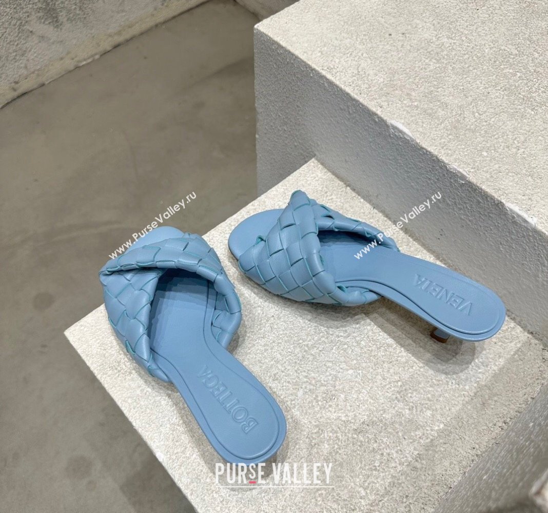 Bottega Veneta Blink Heel Slide Sandals 4.5cm in Intrecciato Leather Light Blue 2024 (MD-240719072)