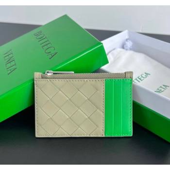 Bottega Veneta Zippered Card Case Wallet in Intrecciato Leather Travertine/Parrot Green 2024 755985 (WT-240802011)