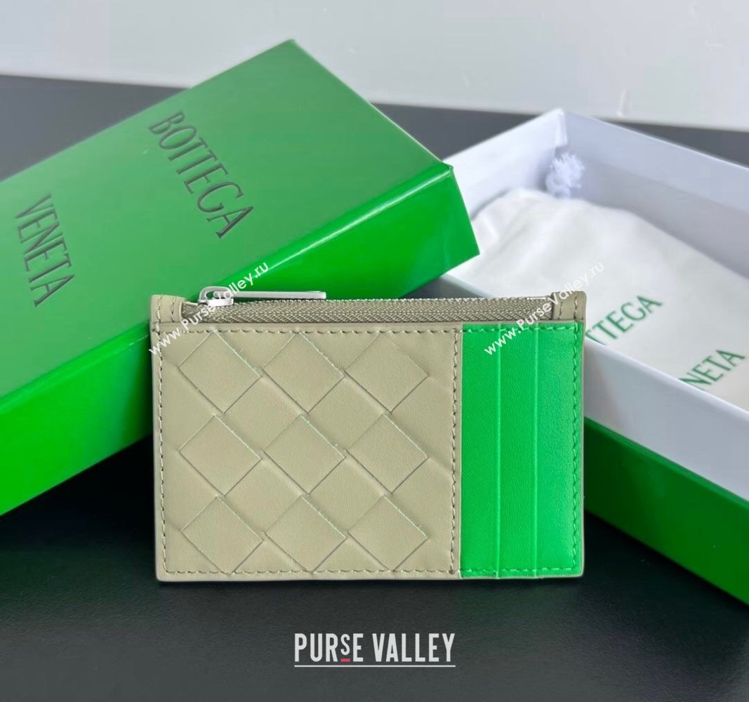 Bottega Veneta Zippered Card Case Wallet in Intrecciato Leather Travertine/Parrot Green 2024 755985 (WT-240802011)