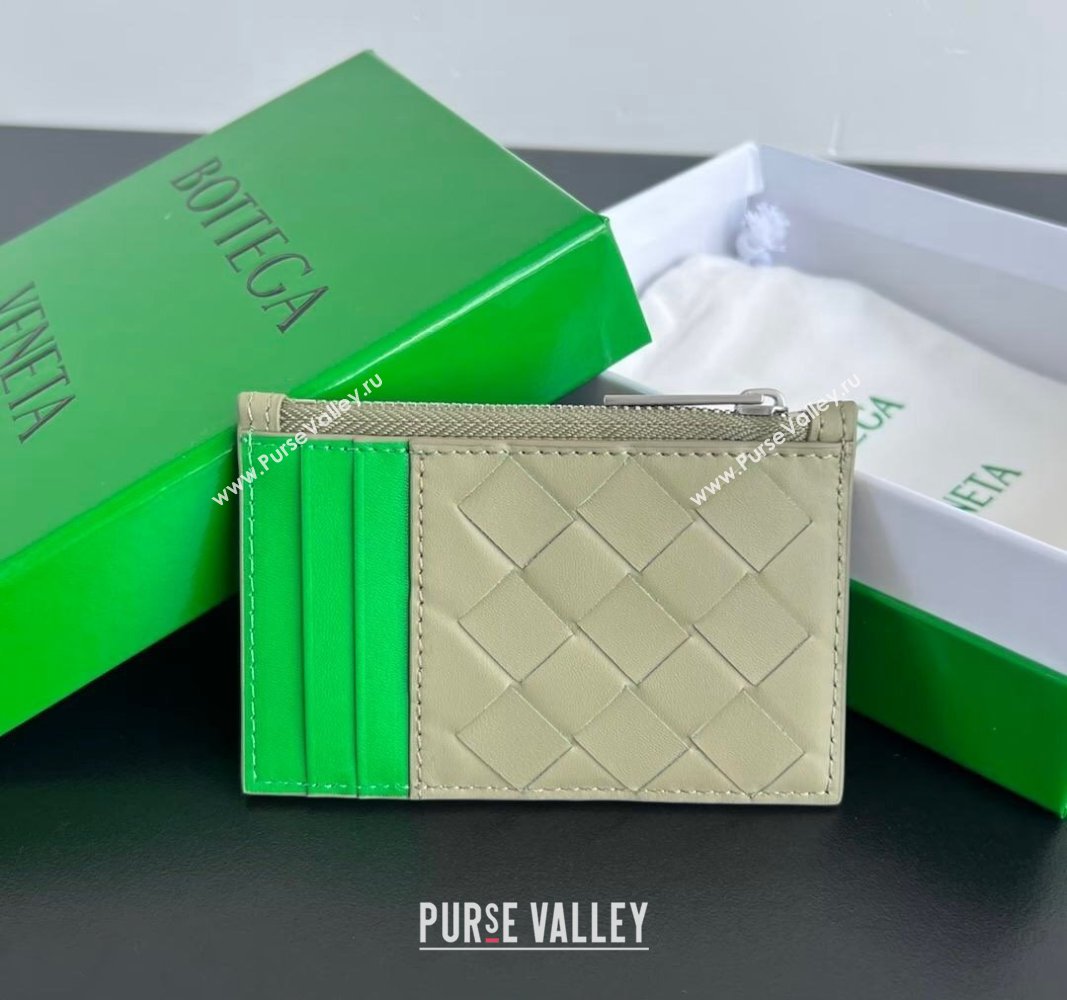 Bottega Veneta Zippered Card Case Wallet in Intrecciato Leather Travertine/Parrot Green 2024 755985 (WT-240802011)