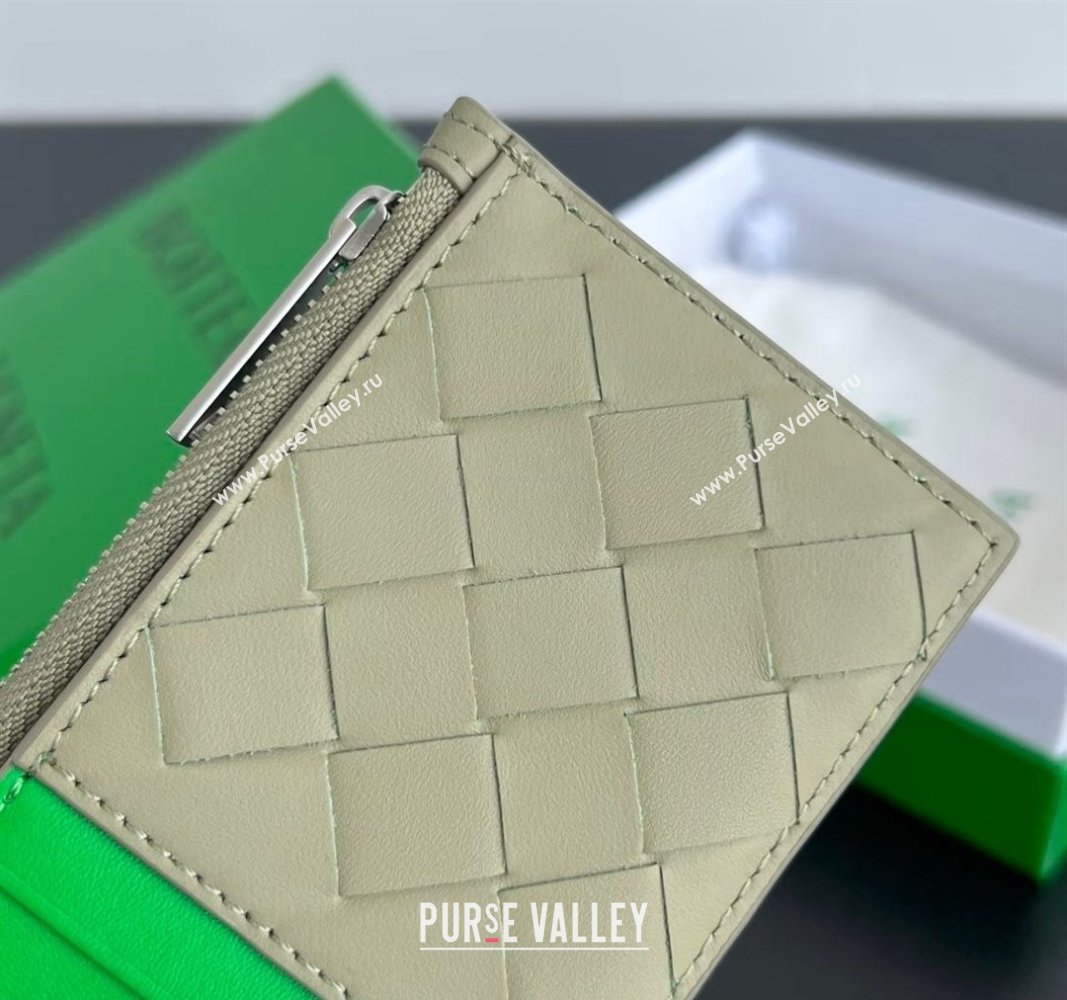 Bottega Veneta Zippered Card Case Wallet in Intrecciato Leather Travertine/Parrot Green 2024 755985 (WT-240802011)