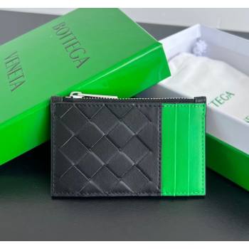 Bottega Veneta Zippered Card Case Wallet in Intrecciato Leather Black/Parrot Green 2024 755985 (WT-240802013)