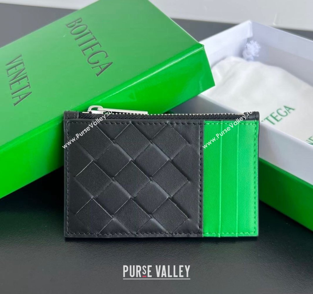 Bottega Veneta Zippered Card Case Wallet in Intrecciato Leather Black/Parrot Green 2024 755985 (WT-240802013)