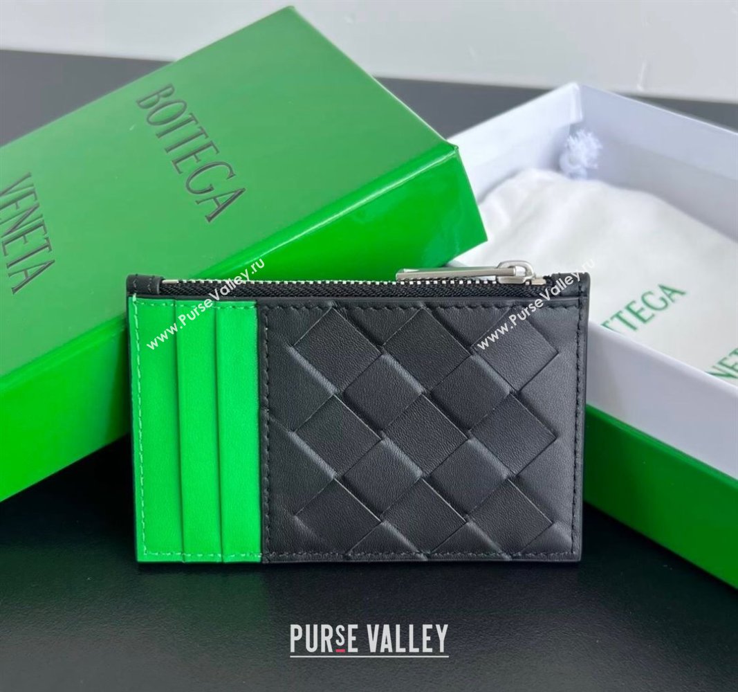 Bottega Veneta Zippered Card Case Wallet in Intrecciato Leather Black/Parrot Green 2024 755985 (WT-240802013)