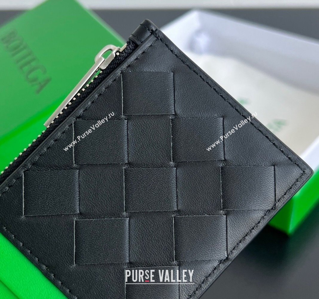 Bottega Veneta Zippered Card Case Wallet in Intrecciato Leather Black/Parrot Green 2024 755985 (WT-240802013)