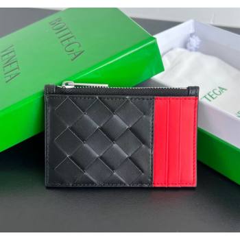 Bottega Veneta Zippered Card Case Wallet in Intrecciato Leather Black/Red 2024 755985 (WT-240802014)