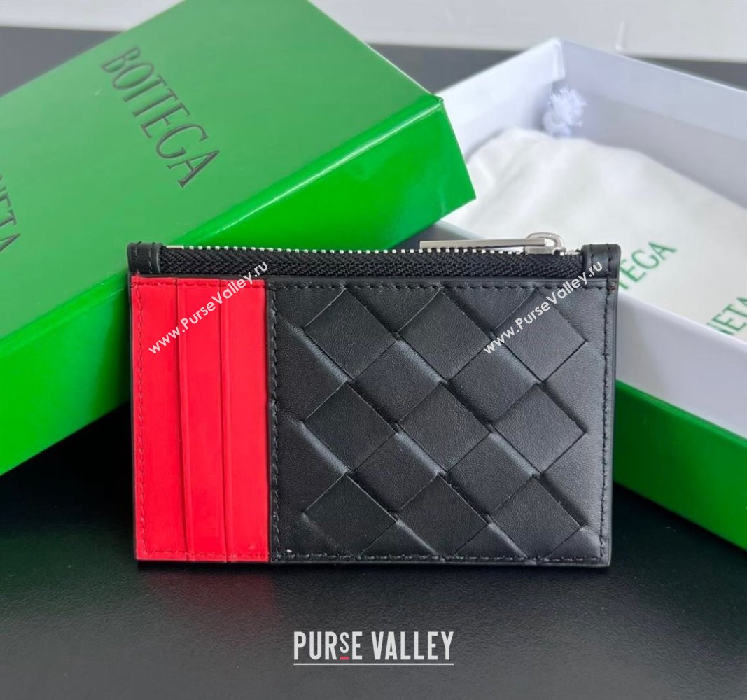 Bottega Veneta Zippered Card Case Wallet in Intrecciato Leather Black/Red 2024 755985 (WT-240802014)