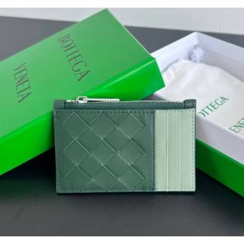 Bottega Veneta Zippered Card Case Wallet in Intrecciato Leather Green/Sage 2024 755985 (WT-240802015)