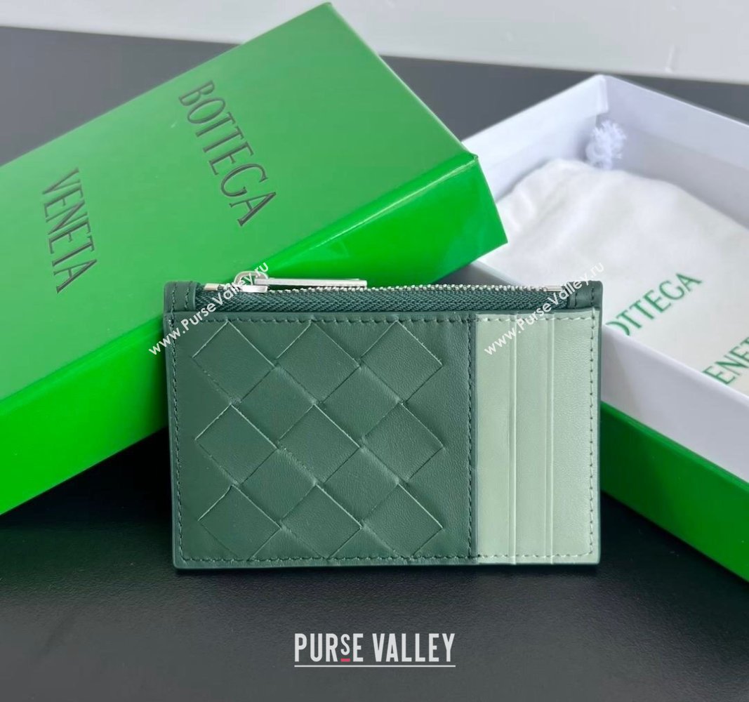 Bottega Veneta Zippered Card Case Wallet in Intrecciato Leather Green/Sage 2024 755985 (WT-240802015)