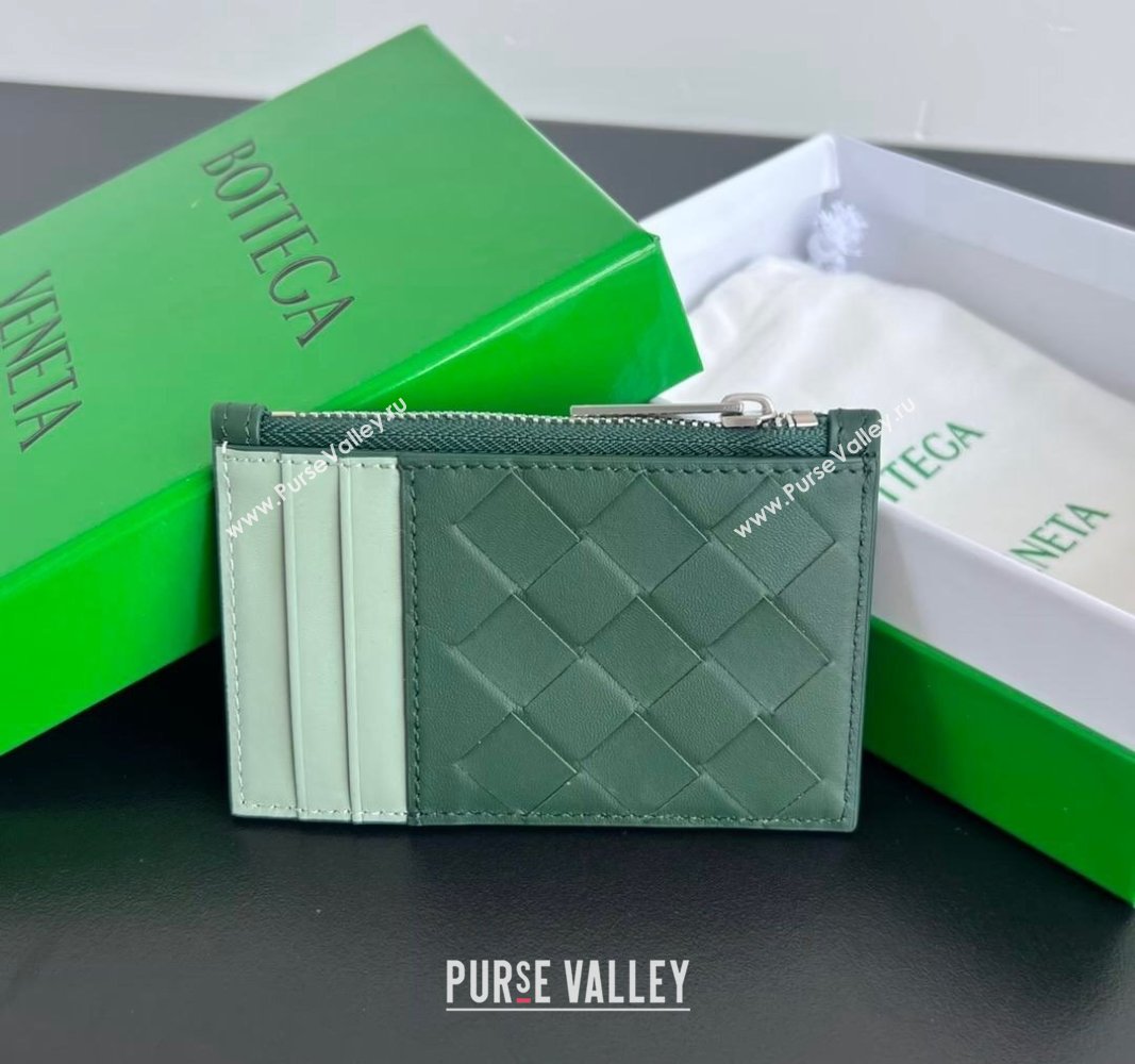 Bottega Veneta Zippered Card Case Wallet in Intrecciato Leather Green/Sage 2024 755985 (WT-240802015)