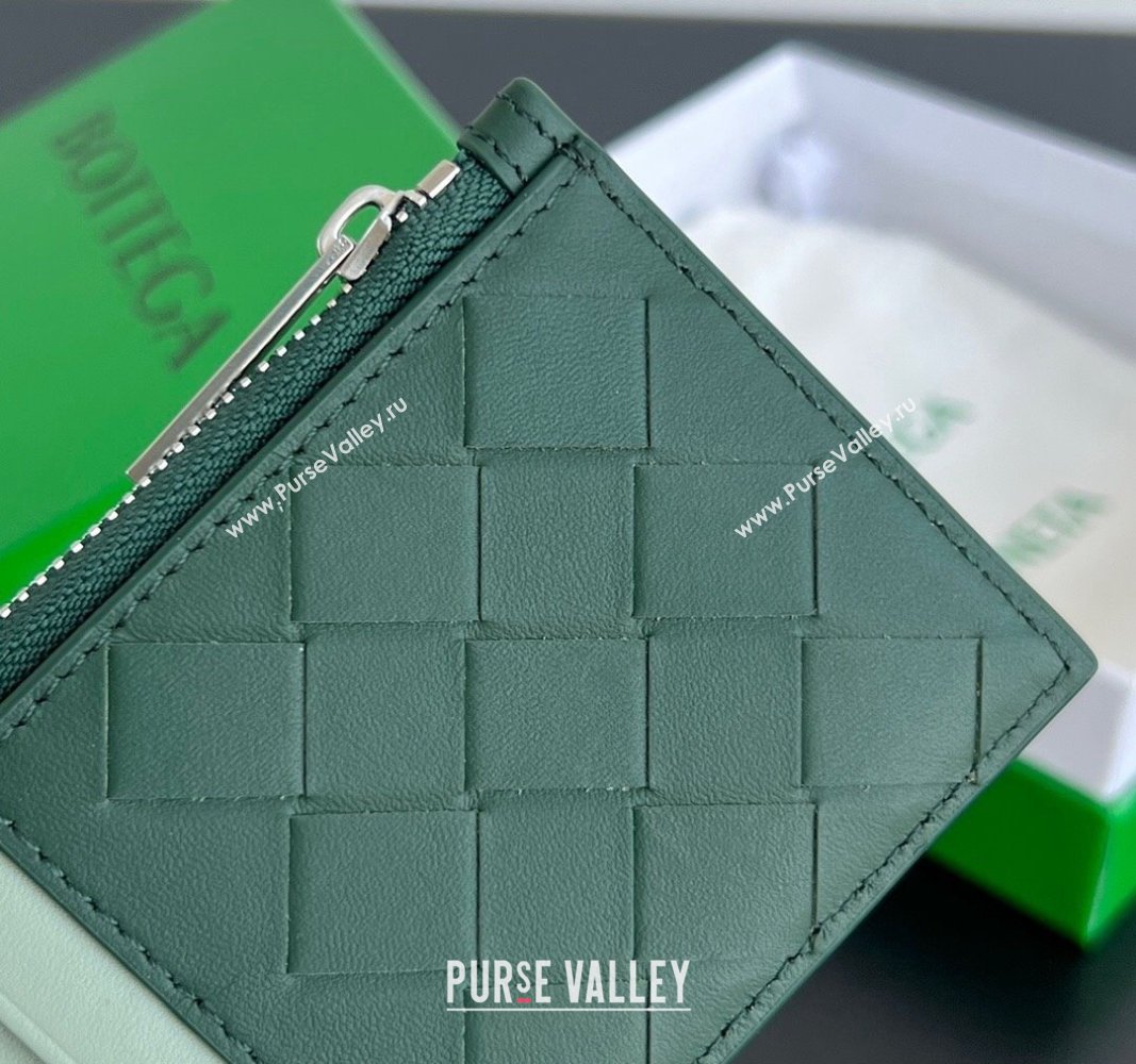 Bottega Veneta Zippered Card Case Wallet in Intrecciato Leather Green/Sage 2024 755985 (WT-240802015)