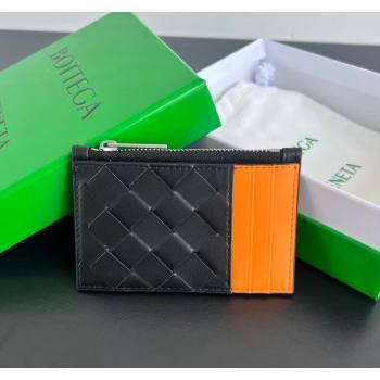 Bottega Veneta Zippered Card Case Wallet in Intrecciato Leather Black/Orange 2024 755985 (WT-240802016)