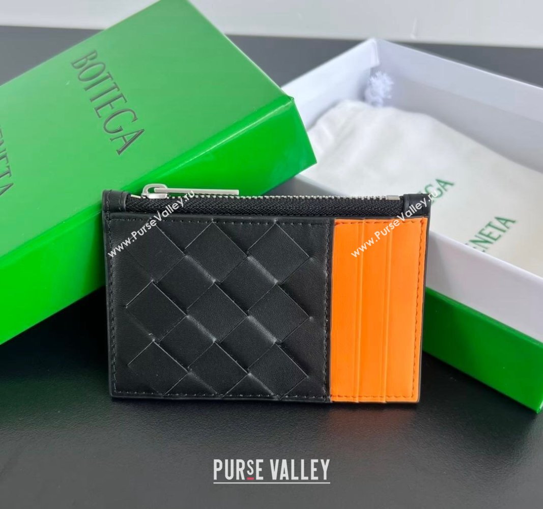 Bottega Veneta Zippered Card Case Wallet in Intrecciato Leather Black/Orange 2024 755985 (WT-240802016)