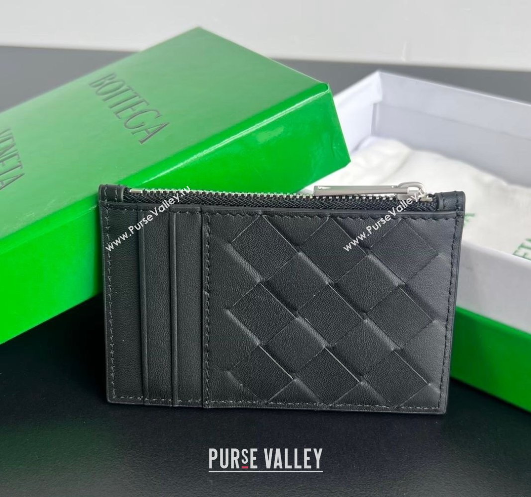 Bottega Veneta Zippered Card Case Wallet in Intrecciato Leather Black/Silver 2024 755985 (WT-240802018)