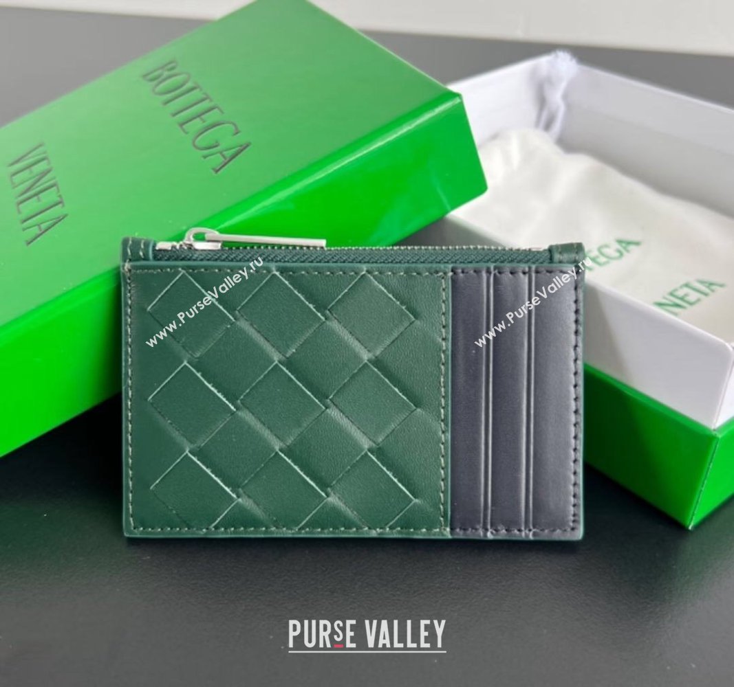 Bottega Veneta Zippered Card Case Wallet in Intrecciato Leather Emerald green/space grey 2024 755985 (WT-240802020)