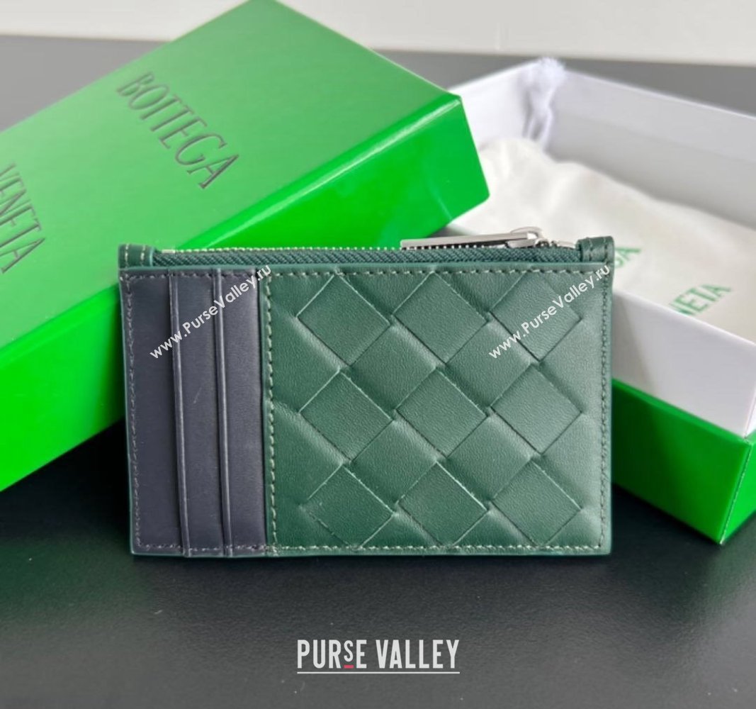 Bottega Veneta Zippered Card Case Wallet in Intrecciato Leather Emerald green/space grey 2024 755985 (WT-240802020)