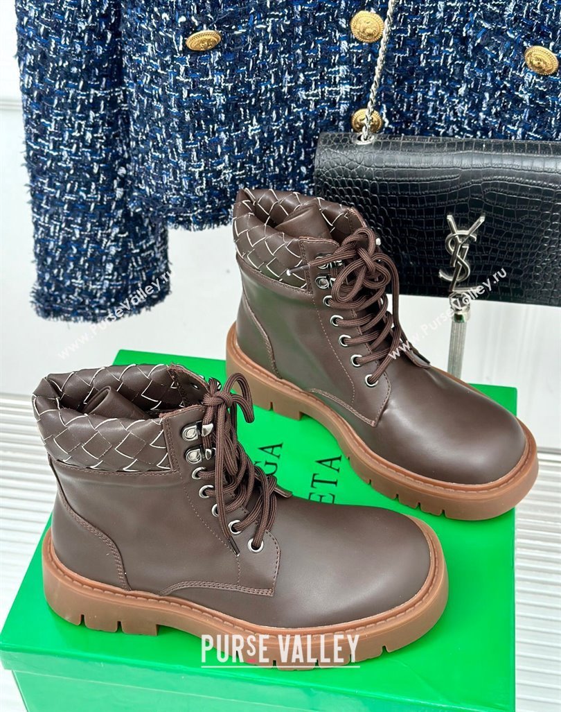 Bottega Veneta Haddock Lace-Up Ankle Boots with Intrecciato Collar Brown Leather 2024 BV090304 (MD-240903047)