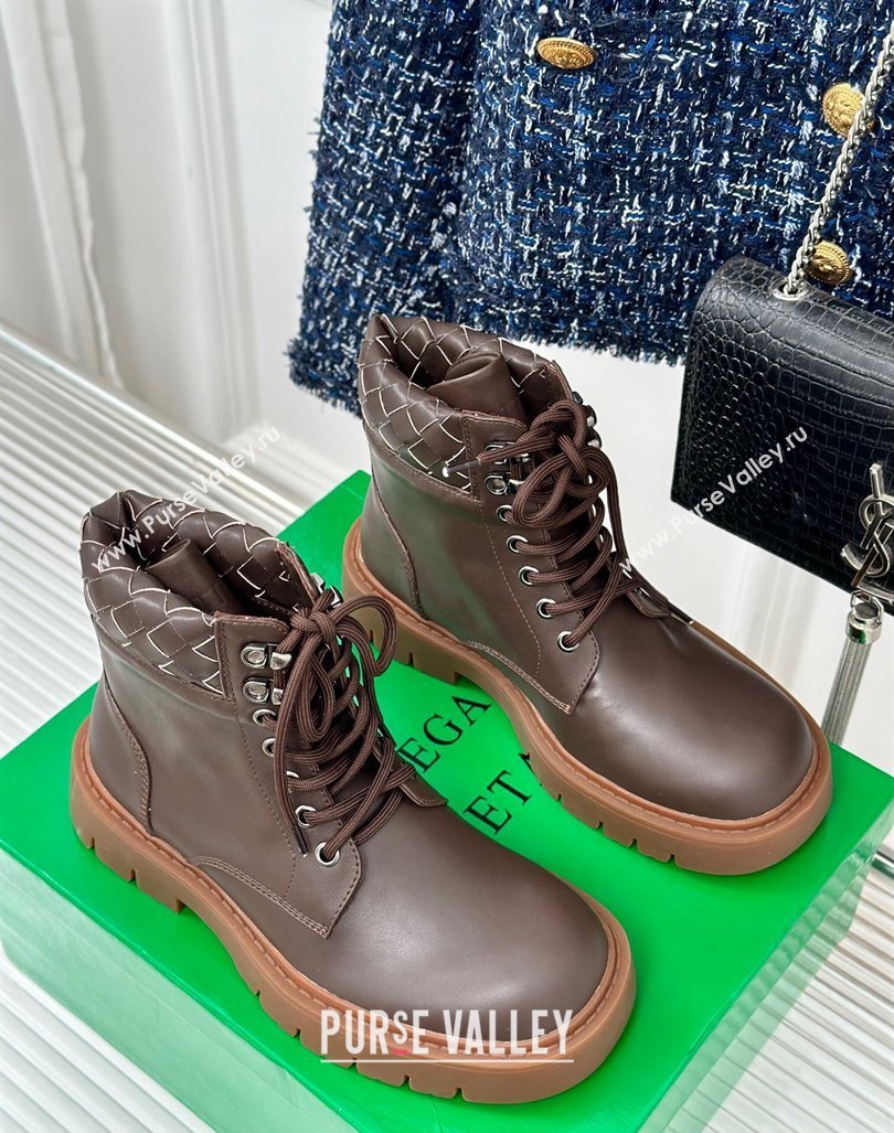 Bottega Veneta Haddock Lace-Up Ankle Boots with Intrecciato Collar Brown Leather 2024 BV090304 (MD-240903047)