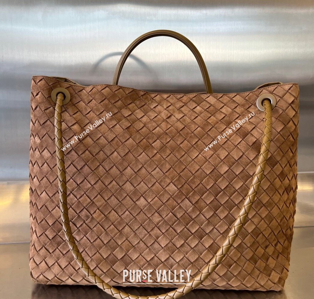 Bottega Veneta Large Andiamo Top Handle Bag in Intrecciato Suede Brown2 743575 2025 (WT-250205029)