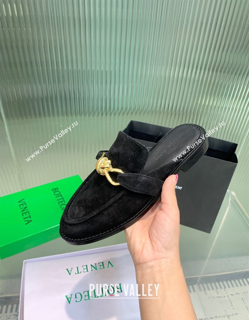 Bottega Veneta Astaire Flat Mules in Suede with Gold-Tone Knot Black 2025 (KER-250219099)