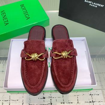 Bottega Veneta Astaire Flat Mules in Suede with Gold-Tone Knot Burgundy 2025 (KER-250219101)