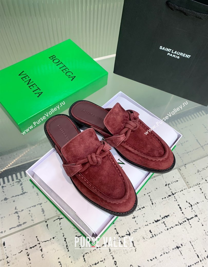 Bottega Veneta Astaire Flat Mules in Suede with One-Tone Knot Burgundy 2025 (KER-250219109)