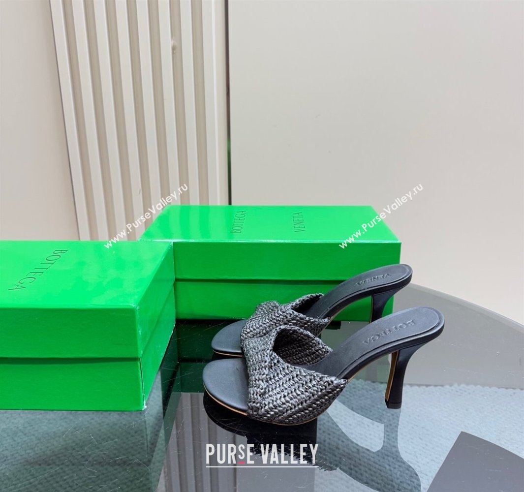 Bottega Veneta Blink High Heel Slides Sandal 9cm in Crochet Raffia Straw Black 2025 (MD-250428087)