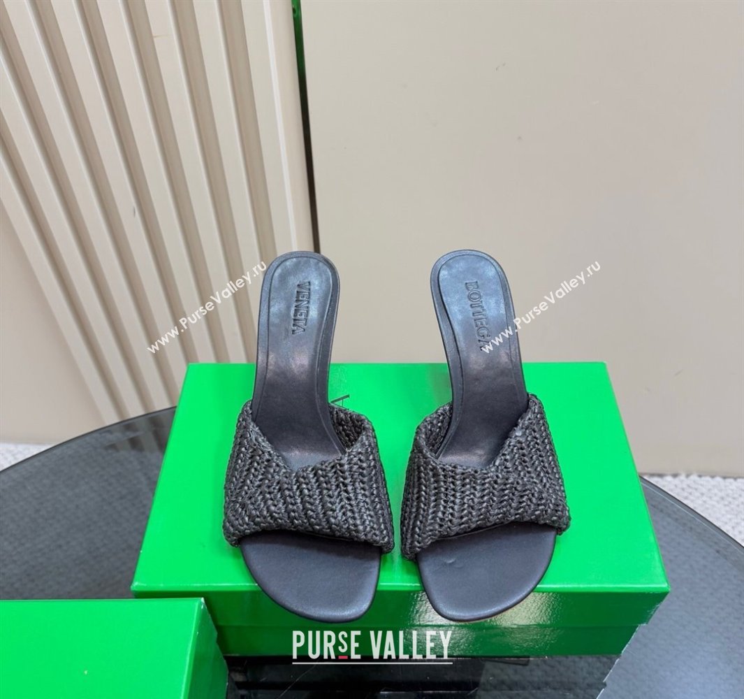 Bottega Veneta Blink High Heel Slides Sandal 9cm in Crochet Raffia Straw Black 2025 (MD-250428087)