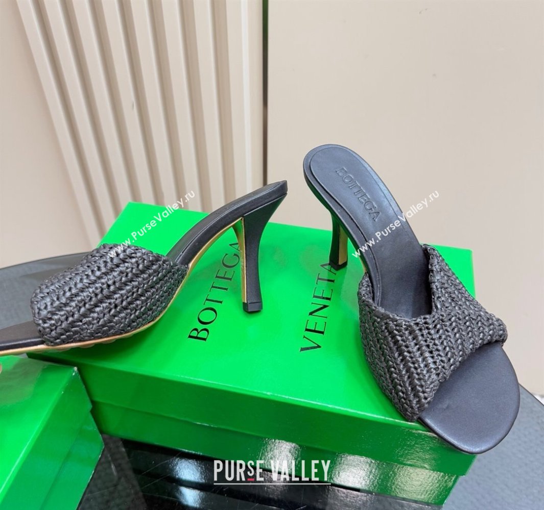 Bottega Veneta Blink High Heel Slides Sandal 9cm in Crochet Raffia Straw Black 2025 (MD-250428087)